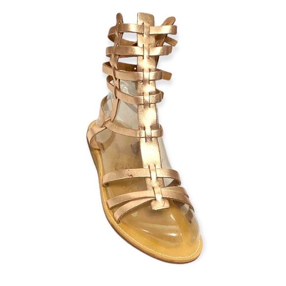 Leather Gold Multi Strap Open Toe Buckle Tall Gladiator Sandals NEW - Picture 3 of 4